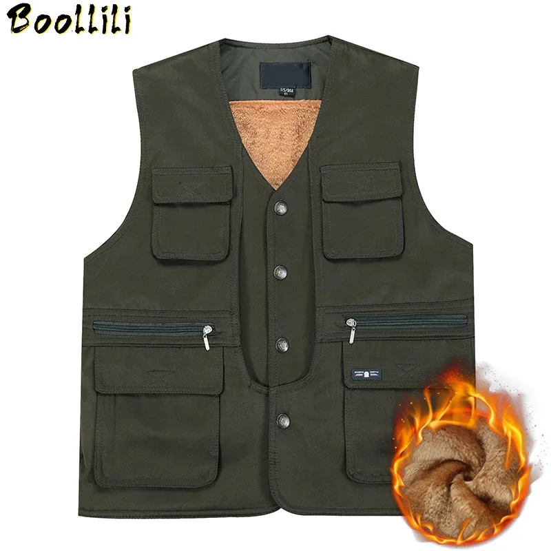 

Arrive Autumn New Winter Warm Fleece Mens Vest Casual Multi Army Green Waistcoat with Many Pockets Men Work Sleeveless Jacket