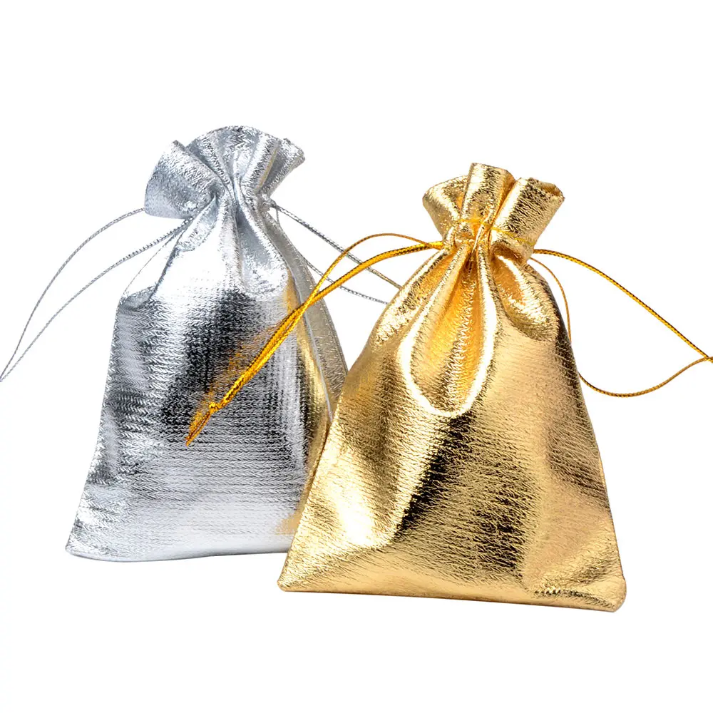 50pcs 7x9 9x12 10x15cm Foil Cloth Gift Bags Gold Color Jewelry Packaging Bags Wedding Party Present Drawable Packing Bags