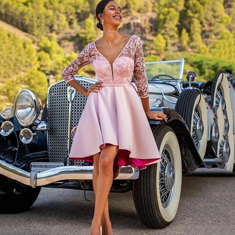 Short Pink Homecoming Dresses 2021 3/4 Sleeve V-Neck Satin Lace Appliques Graduation Party Prom Gown Knee Length Illusion Back