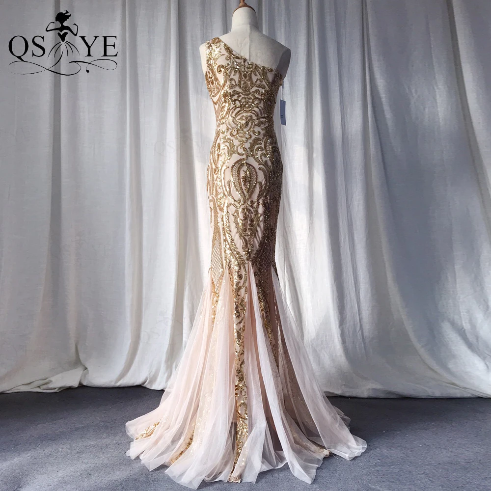 Goud Avondjurken Mermaid Een Schouder Goedkope Avondjurk Glitter Elegante Lange Party Dress Golden Sequin Formele Gown Tulle