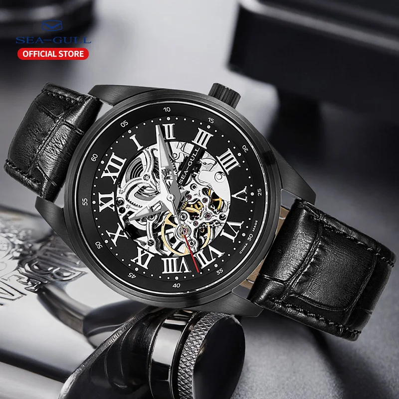 Seagull Men's Watch Automatic Mechanical Watch Hollow Black Samurai Skull Watch Belt Waterproof Watch D819.611HK