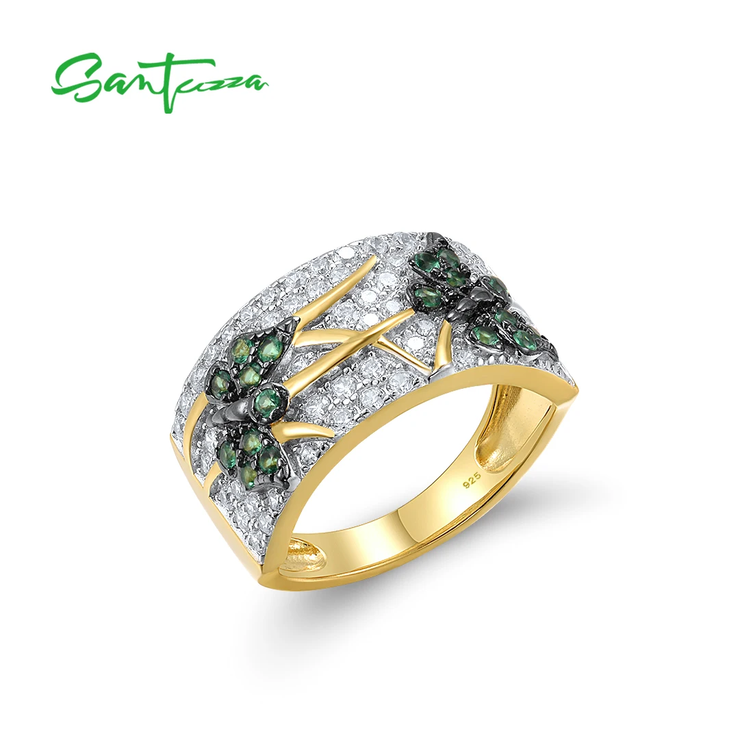 

SANTUZZA Authentic 925 Sterling Silver Rings For Women Round Green Spinel Butterfly Animal Gold Plated Wedding Gift Fine Jewelry