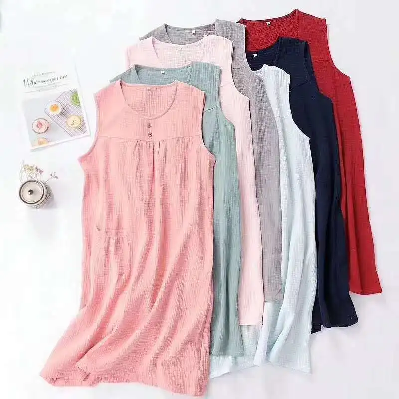 

New Washed Cotton Crepe Nightgowns Plus Size Sleeveless Dress Solid Round Neck Maternity Sleepshirts Loose Soft Sleep Tops 2020