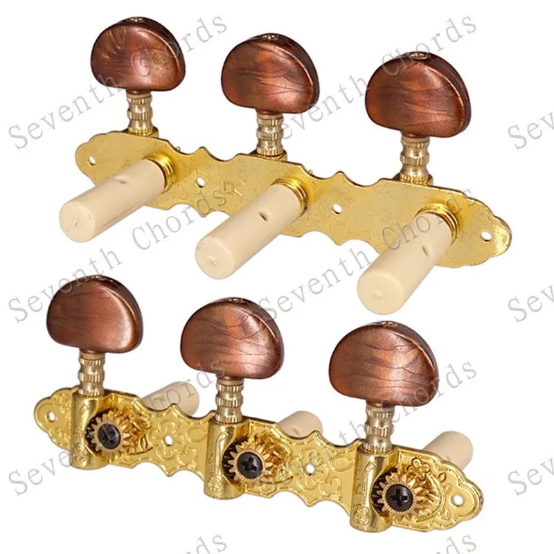 2 Stück Goldene Klassische Gitarren-Stimmwirbel Mechaniken mit Kaffeebraunen Halbrunden Knöpfen Gitarrenzubehör Teile – Detail 2