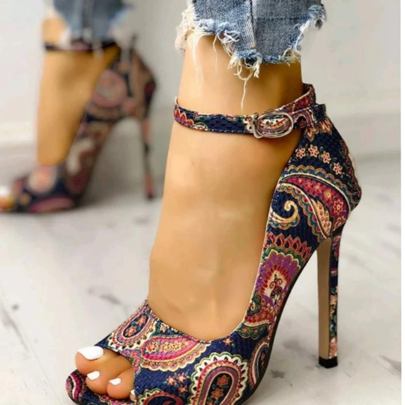 

QPLYXCO 2020 Small or bigges size 30-44 women sandals print platform high heels sexy fashion buckle strap party wedding shoes 9H