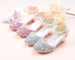 Girls Rhinestone High-Healed PU Leather Sandals, Kids Dance Performance Summer Pearls shoes, Pink & Silver, size 26-37