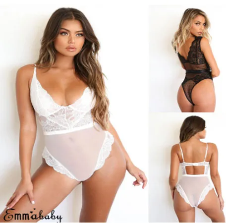 New Womens Sexy Lace Bodysuit Sexy Lingerie Sleeveless V Neck Stretch Leotard Sexy 1-piece Pajamas