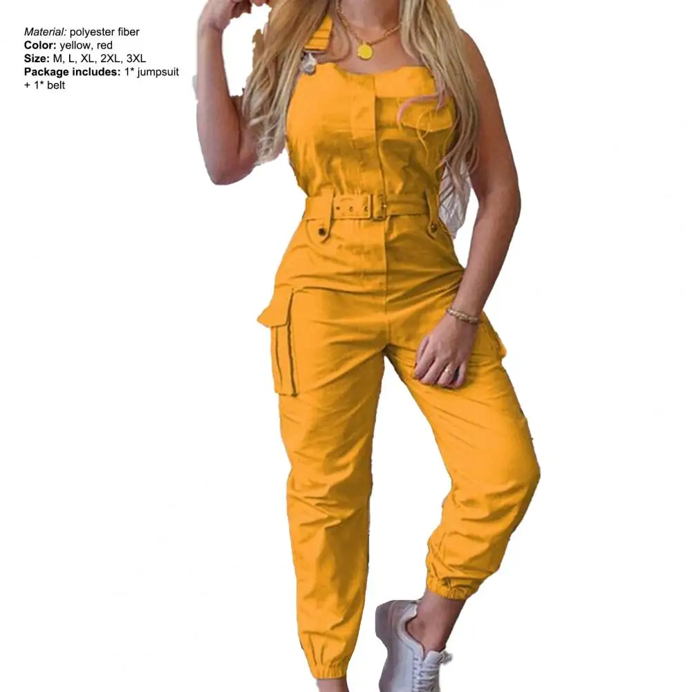 Cargo Jumpsuit Ankle Tied Shoulder Strap Female Sleeveless High Waist Pockets Romper Women Overall 2021 Ankle-Length Pants