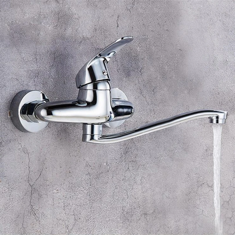 Long Arm 360 Rotate Solid Brass Faucet Sink Mixer Tap Wall Mounted Hot and Cold Tap Bathroom Faucet