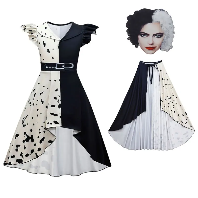 

Halloween Cruella Cosplay Costume For Teen Girl Dot Dress 2022 Fashion Children Up 101 Wig Cloak Tunic Kid Frock