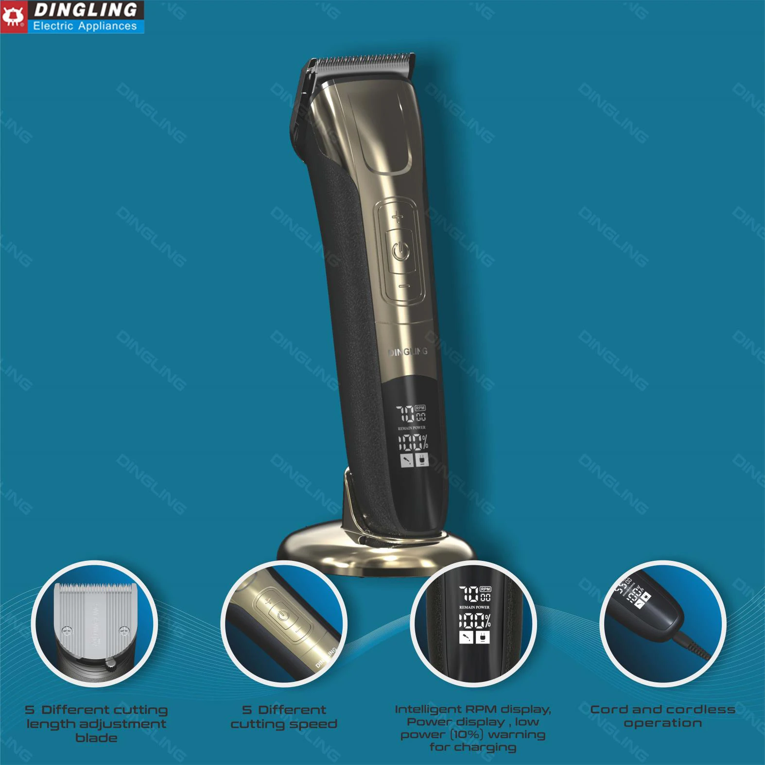 DingLing Electric Variable Speed Hair Clipper RF-912 Strong Power Fine Steel Cutter Head With LED Screen Washable Low Noise