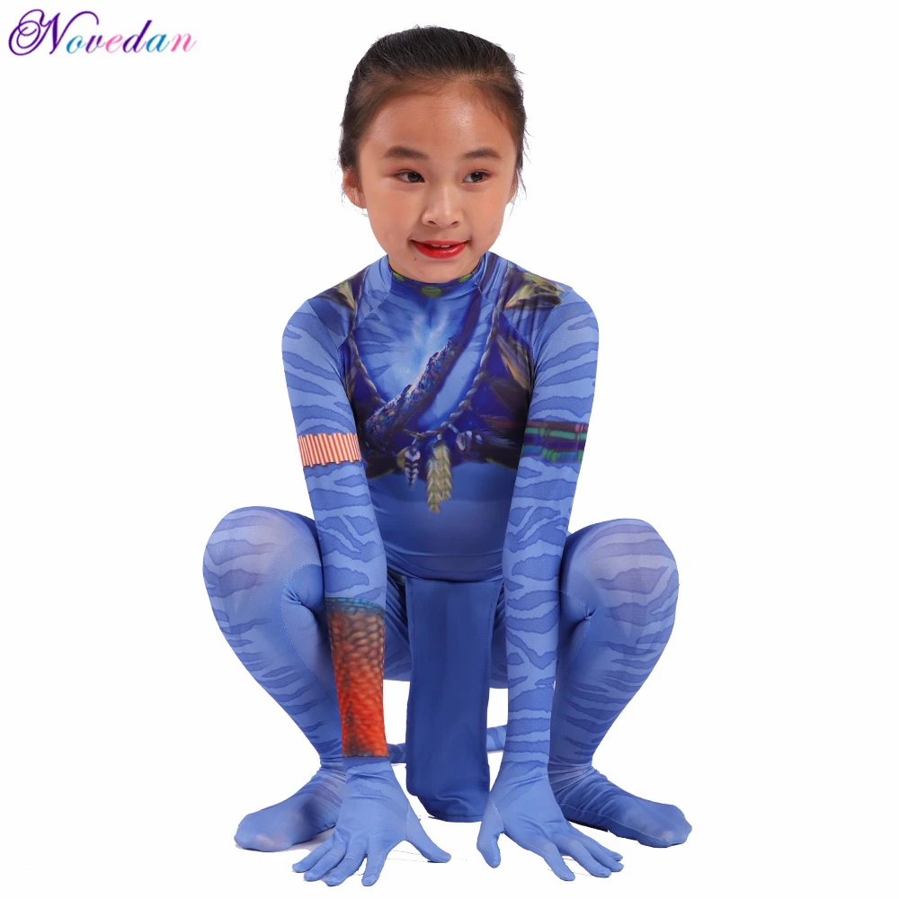 Girls Avatar 2 Neytiri Costumes Tail Suit Boys Jake Sully Cosplay Zentai Bodysuit Jumpsuit Kids Halloween Birthday Party Costume