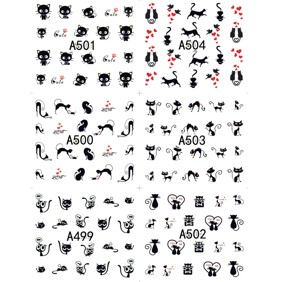12pcs adesivi per gatti neri decalcomanie per unghie Love Heart Cartoon Nail Art cursori d'acqua decorazioni per tatuaggi Manicure di san valentino TRA493-504
