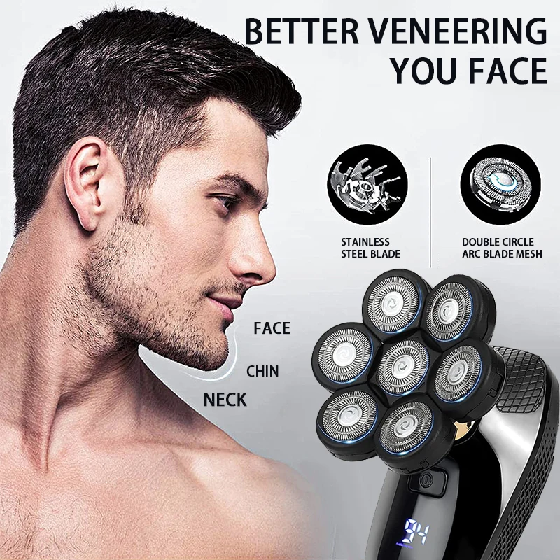 ماكينة حلاقة كهربائية دوارة للرجال أصلع الرطب والجاف الحلاقة المزدوجة USB قابلة للشحن اللاسلكي العائمة 7 رئيس الحلاقة مقاوم للماء
