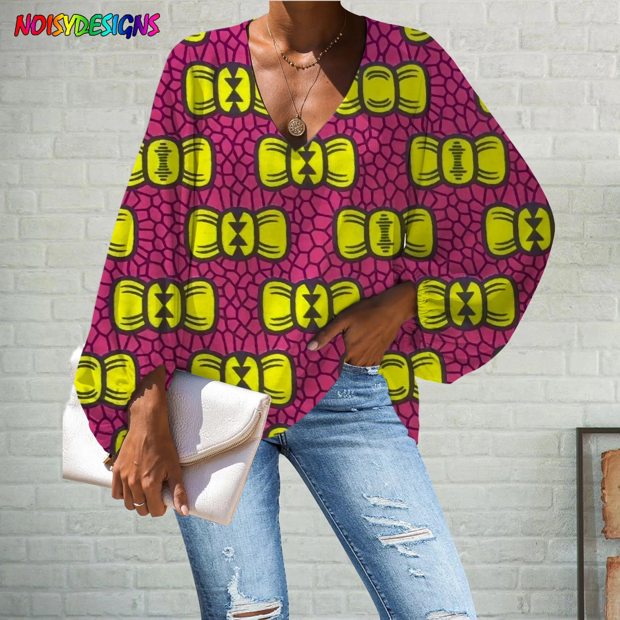 NOISYDESIGNS Women's Top Shirt Blouse Chiffon Bowties Ankara African Printed Style Long Sleeve Casual Loose Shirts Female Blusas