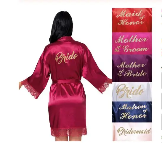 

Morning Dress Custom Hot Stamping Gold Letters Sexy Lace Decor Stitching Silk Pajamas Bride Robe Multi Colors Satin Robes Women