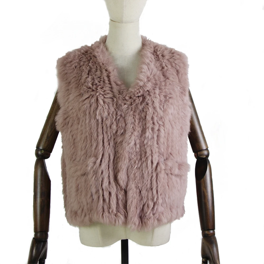 New knitted Rabbit fur vest gilet sleeveless garment waistcoat with pocket natural brown /grey/black