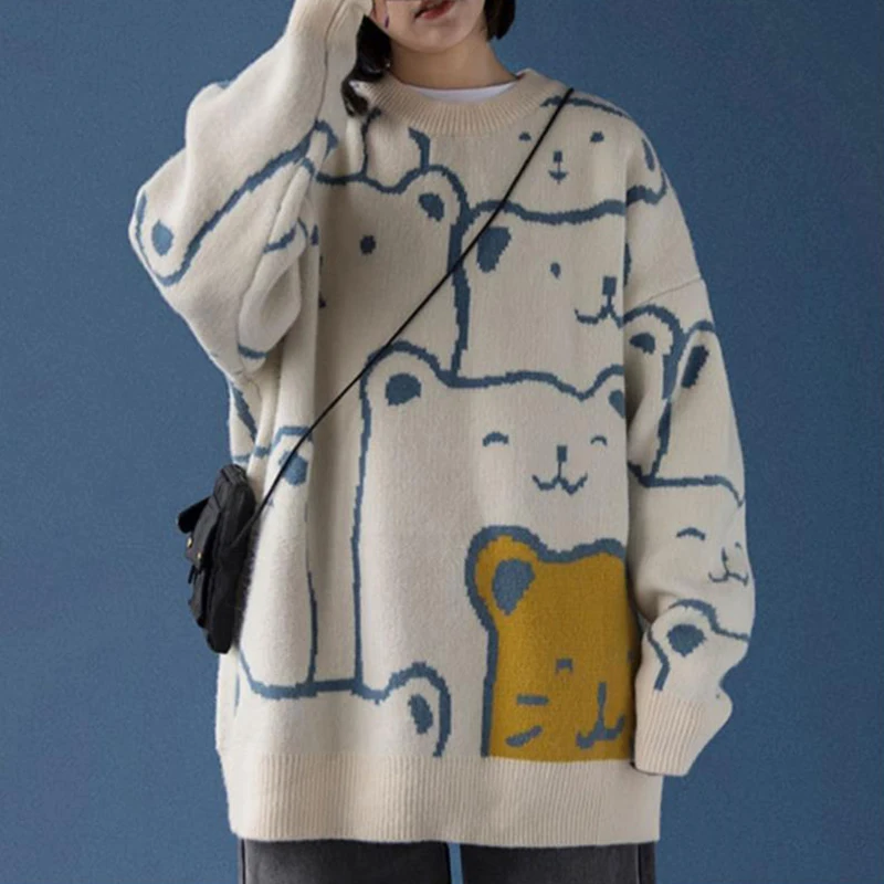 Autumn Winter Bear Print O-neck Long Sleeve Pullover Knitted Korean Couples Loose Knitted Sweater Casual Warm Oversized Sweater