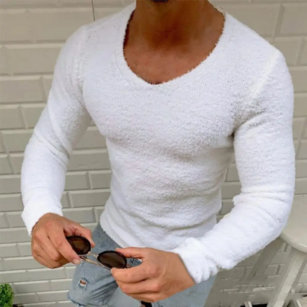 

Autumn Top Fleece Men Shirt Anti-shrink V Neck Stylish Leisure Autumn Top