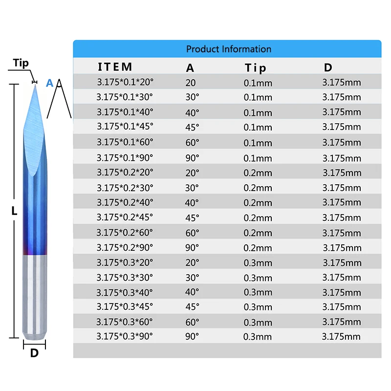 XCAN-brocas de grabado de pirámide de 3 bordes, 10 unidades, 3.175mm, vástago de carburo de extremo de 20-90 grados, punta de 0,1-0,3mm, fresadora