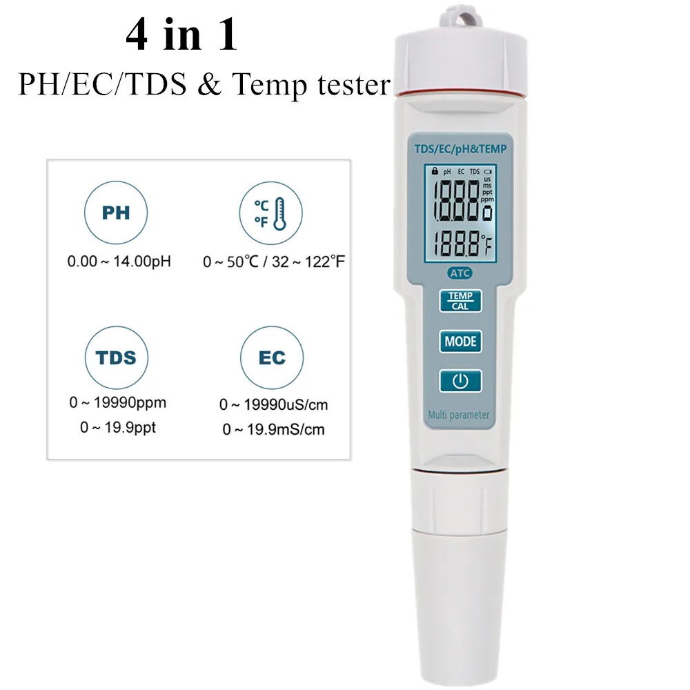 Neue 4 in 1 PH/EC/TDS & Temperatur Meter Wasserdicht PH-Meter LED Wasser Qualität Monitor Tester PH tester für Pools Trinkwasser