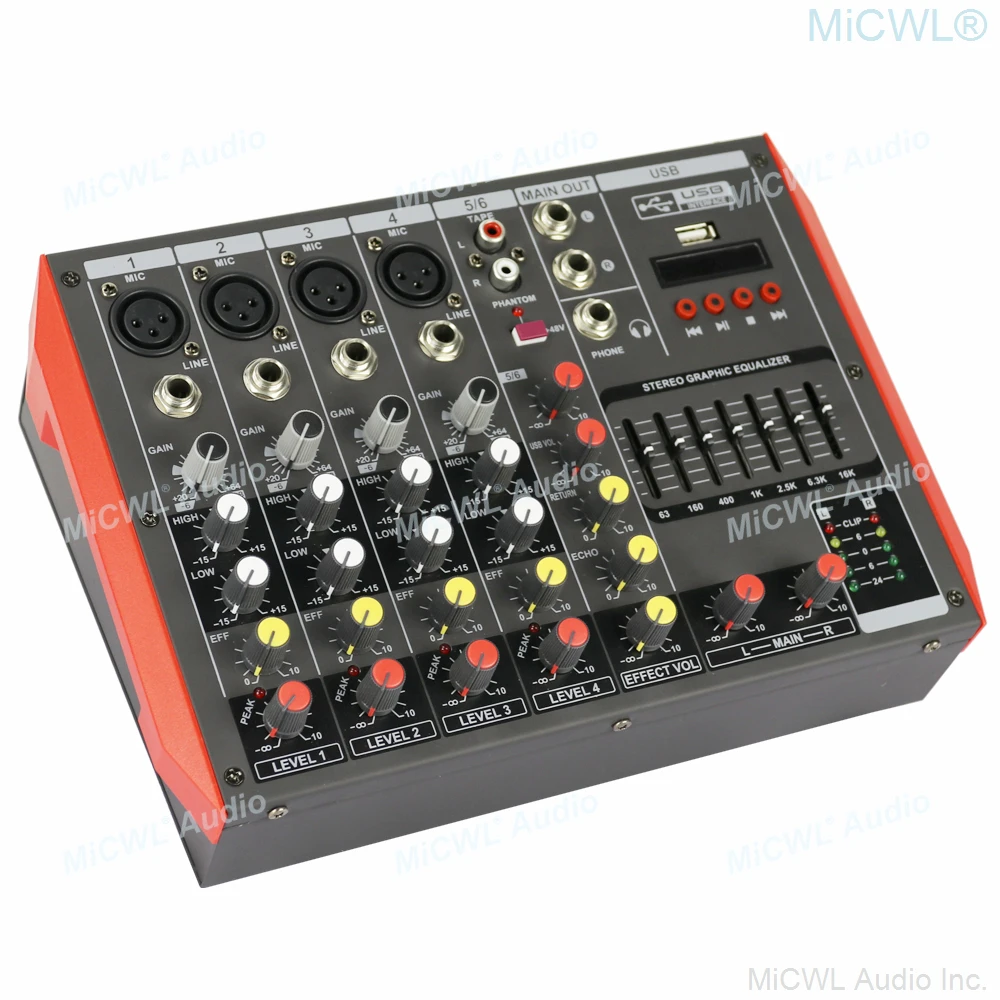 وحدة خلط 6 قنوات بلوتوث محمولة ، 400 واط ، مضخم طاقة ، تسجيل USB ، صوت DJ ، خلاط 2x200W