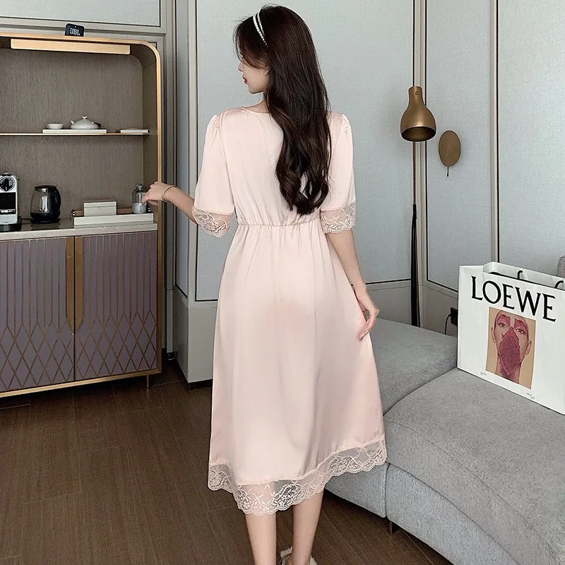 Sexy Long Nightdress For Women Spring Summer Rayon Nightgown Sleepwear White Patchwork Lace Home Dressing Gown Loose Nightwear