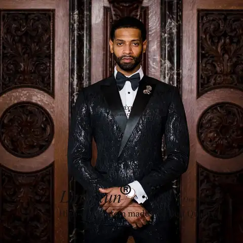 Glänsande Paljett Svart Herrkostym För Bröllop 2 Delar Set Anpassade Brudgum Smoking Slim Fit Herr Balkavaj Terno Masculino 10 best sales glänsande herrkostym - №2