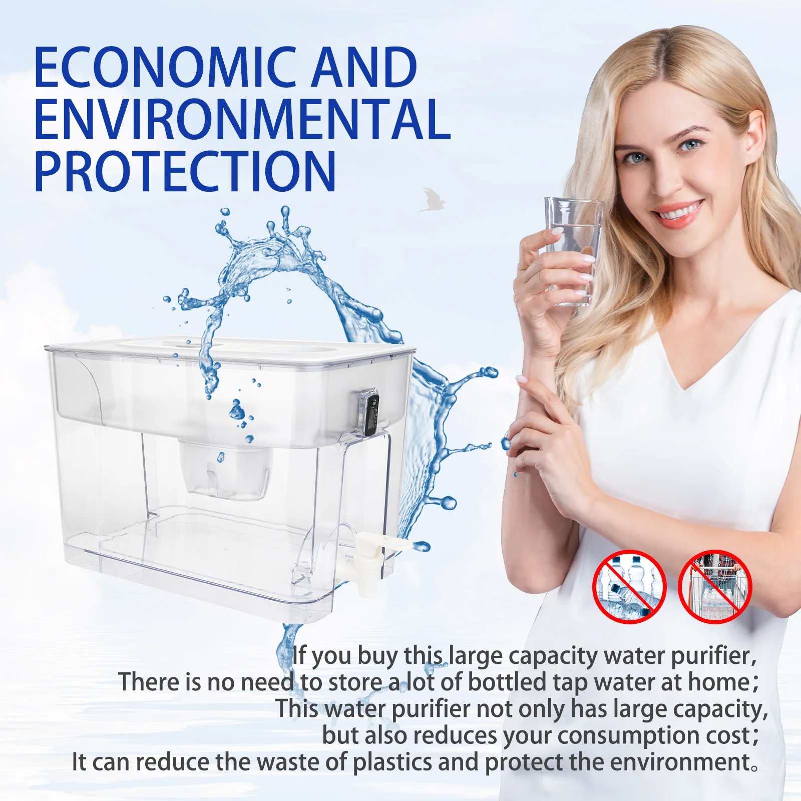 Owiara四角い水フィルターピッチャー、1つのフィルター、活性炭フィルターの有効化、特大、白