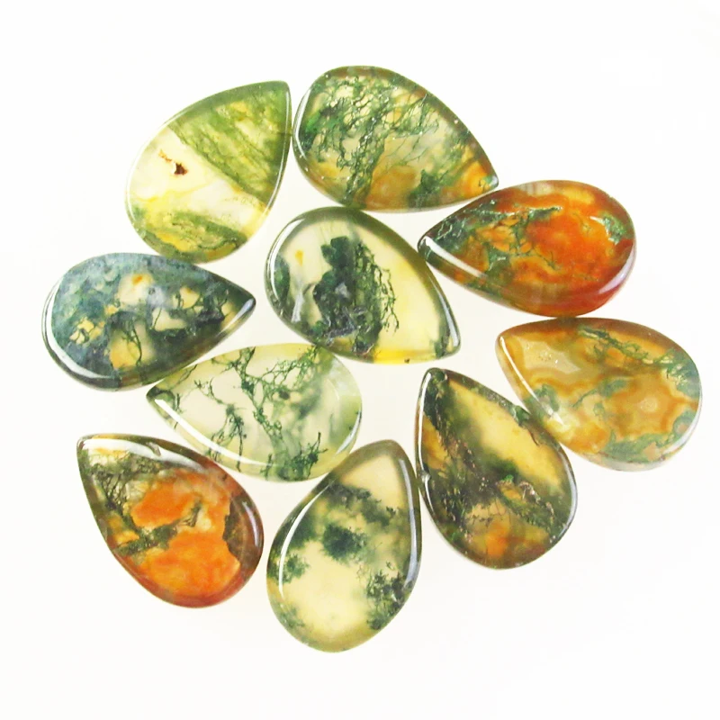 Hot 12Pcs/Lots Wholesale Natural Moss Agates Teardrop Semi-precious Stone CAB CABOCHON 10x14x4mm Flat Backed