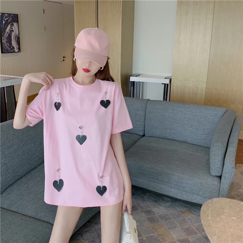 Gkfnmt Long T-shirts For Dress Cotton Short Sleeve Summer Women Tees Shirts Femme Fashion 2021 O-Neck Korea Top Pink White Black