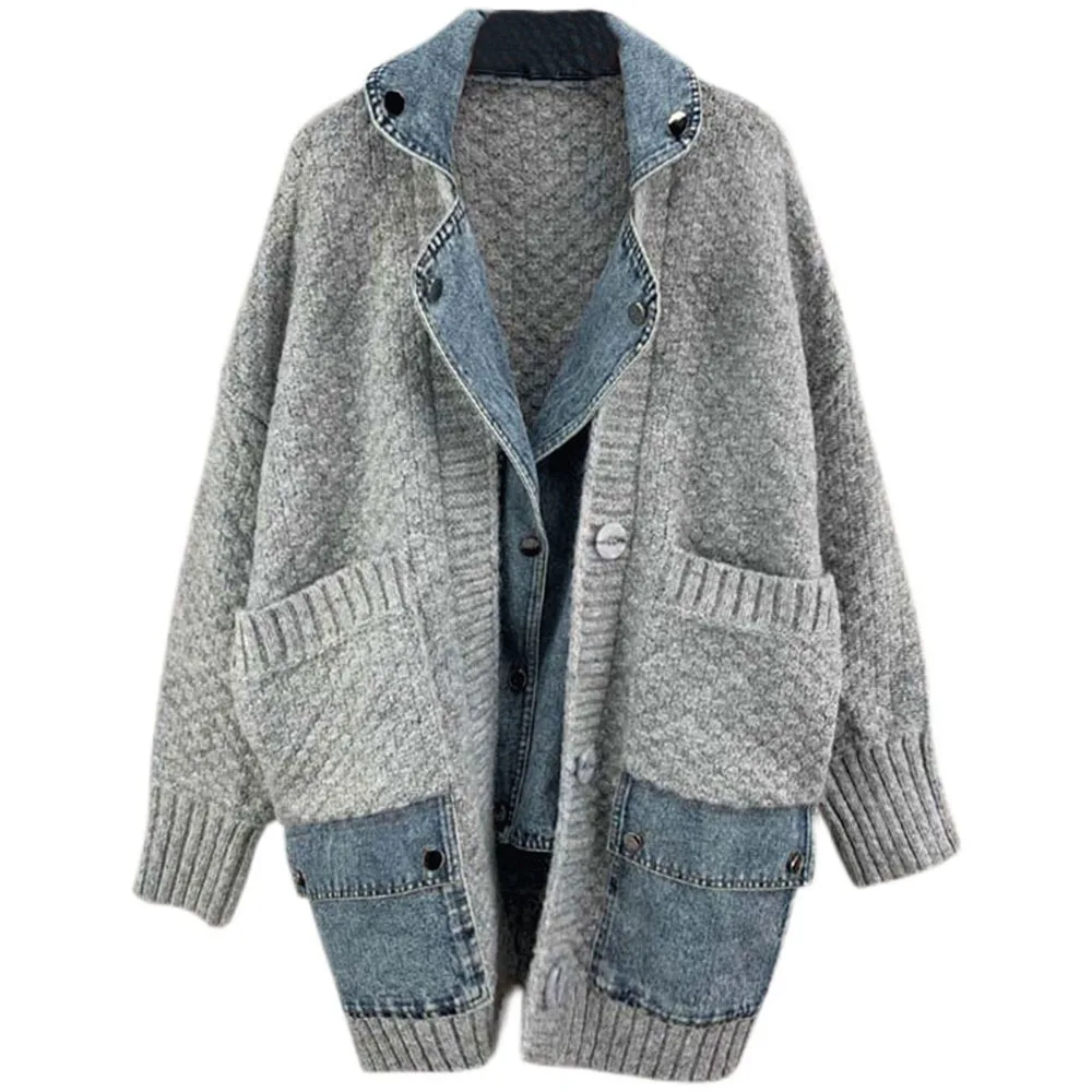 

Loose Fit Knitting Denim Stitch Big Size Jacket New Lapel Long Sleeve Women Coat Fashion Tide Autumn Winter 2021