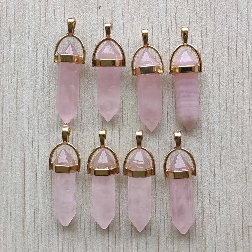 Fashion natural roses quartz pink point pillar gold color alloy pendants for jewelry making 24pcs/lot Wholesale free shipping