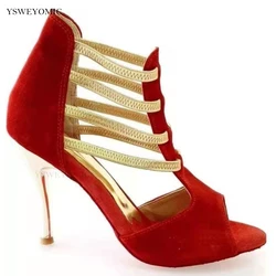 Sapato Salsa Vermelho com Tiras Stretch, Palmilha Suave, Sapatinho para Dança Latina, Festa Indoor, Sapatos de Dança, Sapatinho Dourado