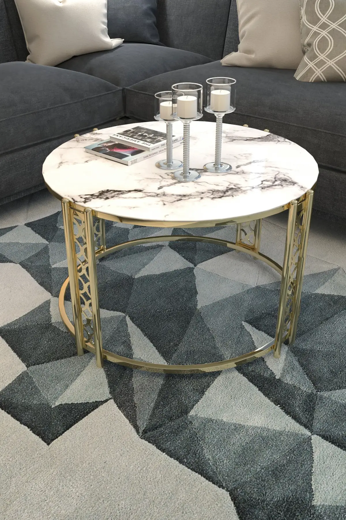 White Marble Patterned Barlas Lux Stylish Gold Medium Coffee Table