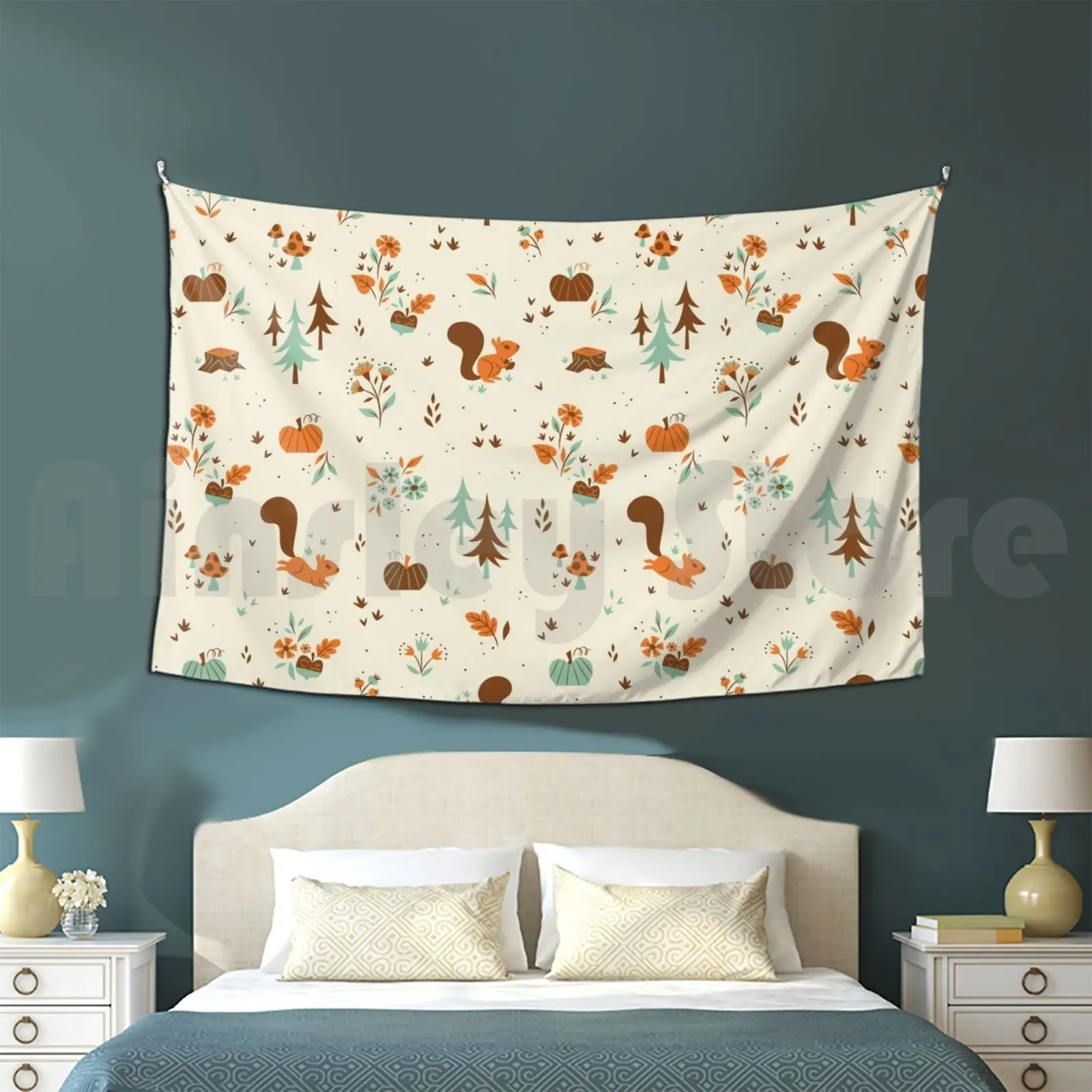 Squirrel Friends Tapestry Living Room Bedroom Squirrel Pumpkin Cute Fall October Floral Flowers Critter Pumpkins