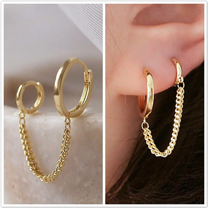 1PCS Stainless Steel Double Ear Hole Link Chain Hoop Earring for Women Ear Jewelry Accessories Gift Wholesale