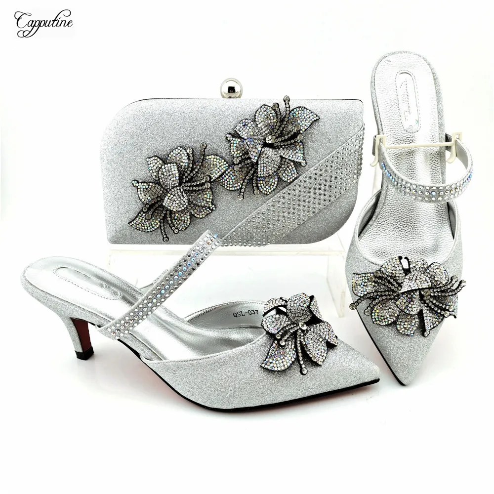 

Silver African Shoes And Bag Set To Match Women Italian Design Pumps With Purse Handbag Lady Sandals Clutch QSL037 7.5CM