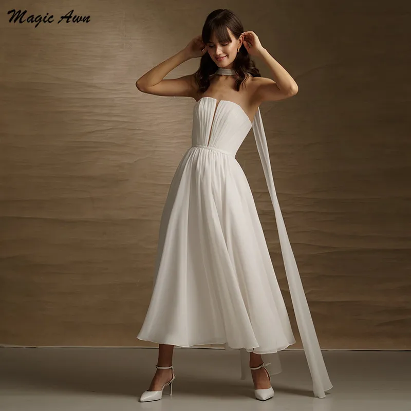 Magia awn simples chá-comprimento vestidos de casamento boho strapless chiffon curto vestidos de festa de casamento para noiva rendas-up voltar vestidos