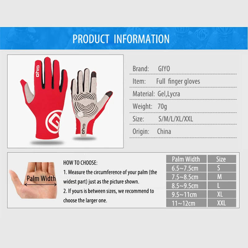 GIYO Touchcreen Cycling Gloves MTB Road Bike Bicycle Breathable Full Finger Silicone Gel For Gym Fitness Running Men Women