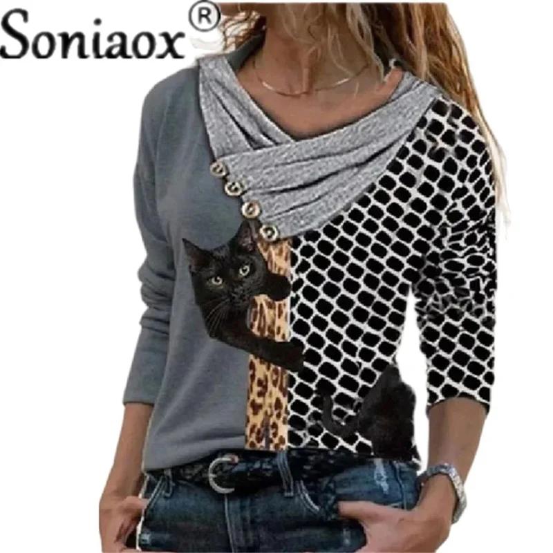 2021 Autumn New Womens Top Loose Casual Long Sleeve Cat Printed Pullover Cross V-Neck Cotton T-Shirt Slim Casual Fashion T-Shirt