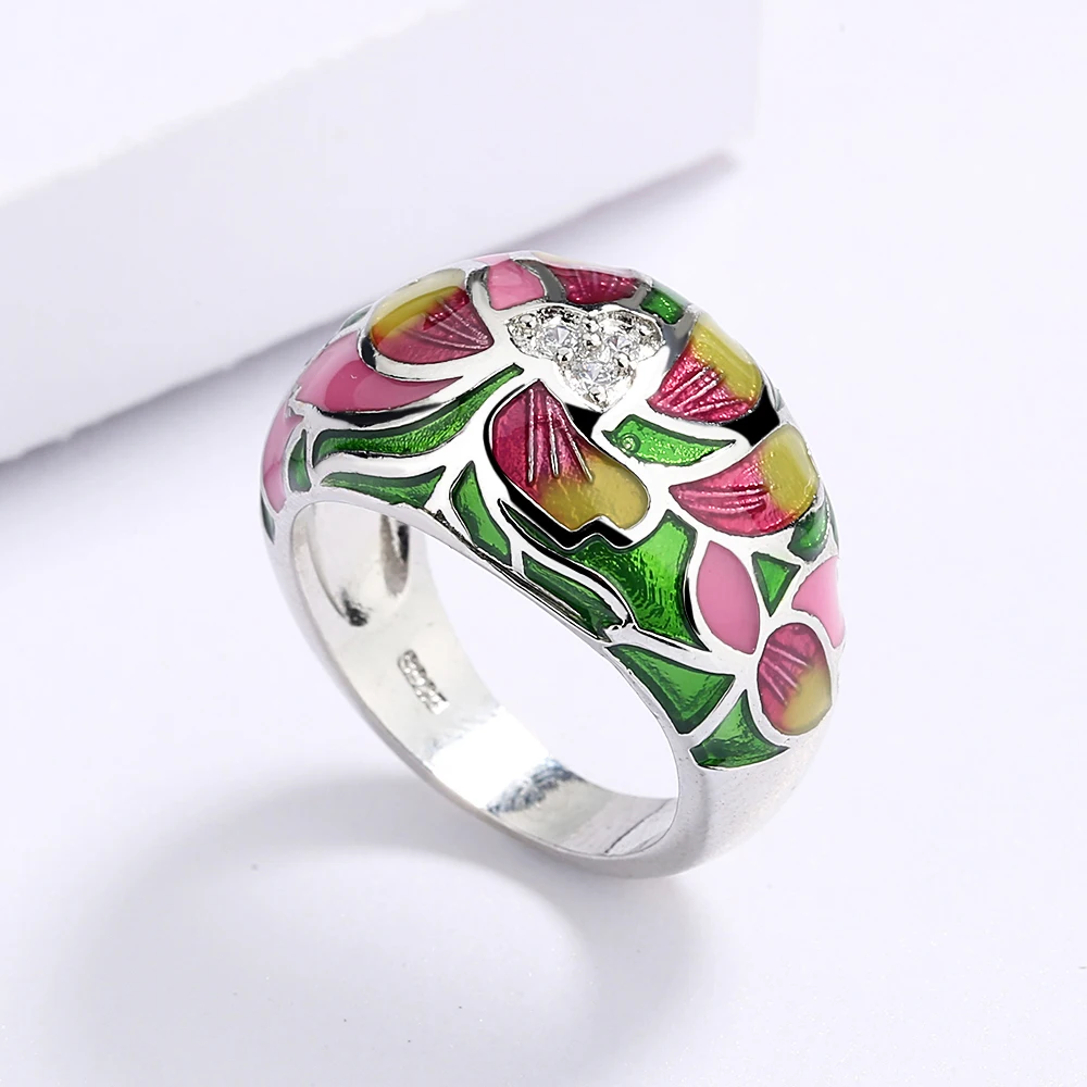 925 Silver High Quality Flower Colorful White Zircon Ring For Ladies Birthday Party Engagement Jewelry Gift