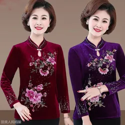 Elderly Women's Gold Velvet Tops And Blouse Spring Embroidery Shirts 5XL Mother T-shirt Long-sleeved Blouse Grandma Shirt