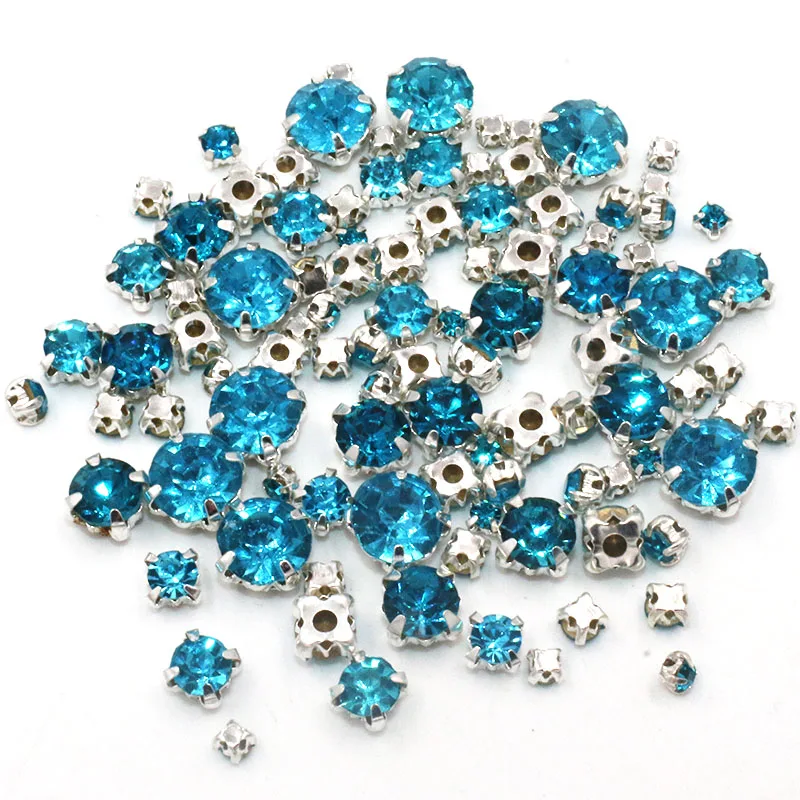 Hot sale Garment beads 100pcs/pack Mixed size Lake blue glass crystal sliver base sew on rhinestones diy clothing accessories