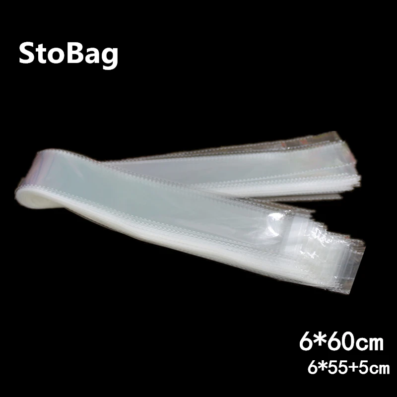 

StoBag 200pcs 6*60cm Thicker Small Long Size Clear Self Adhesive Bags Plastic Opp Gift Jewelry Packing Hair wig Slender Bag