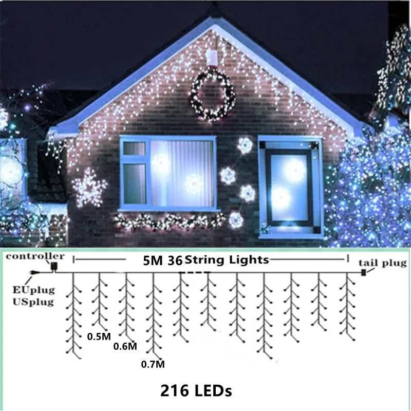 Led Light Curtain Christmas Outdoor Decoration Festoon Icicle Curtain Light 5M*0.5/0.6/0.7M Plug Operated New Year Eve 2025 Fair