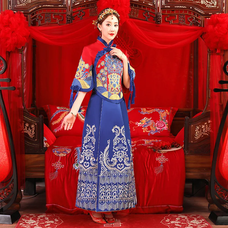 Vintage Blue Cheongsam Modern Chinese Traditional Wedding Dress Women Vestido Oriental Collars Elegent Long Qi Pao Size S-XXL