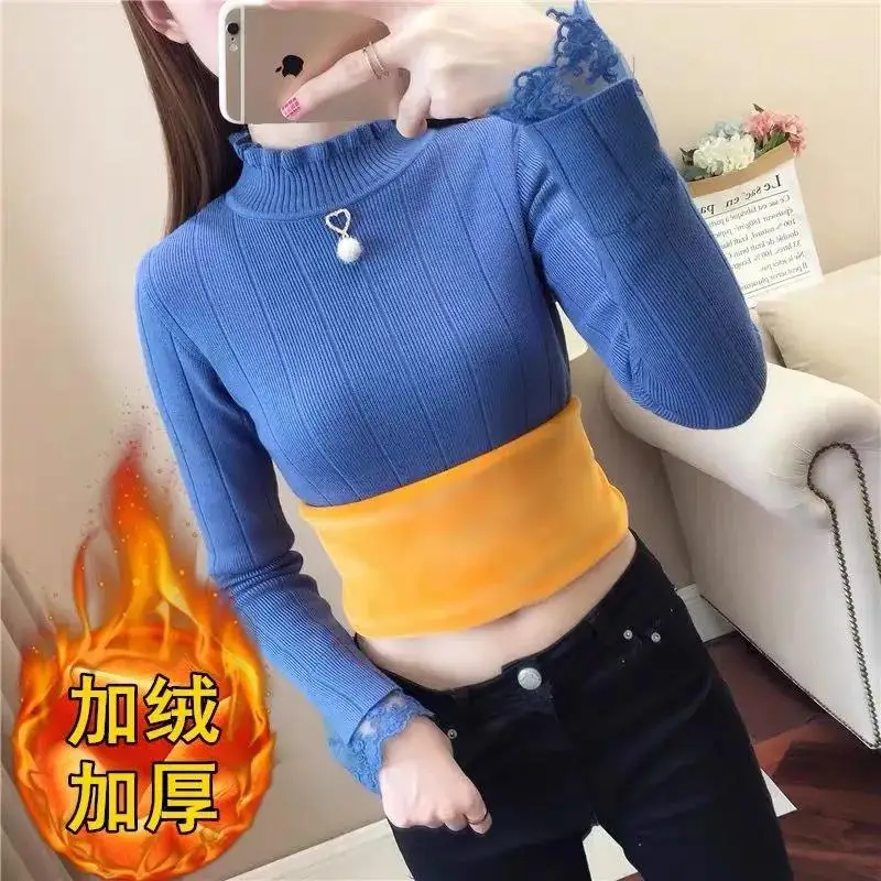 NEW Autumn Women Half Turtleneck Sweater Fashion Lace Stitching Long-Sleeved Knit Sweater Pullover Winter Warm Female Bottoming