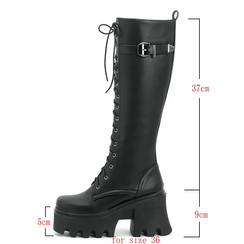 Platform Square High Heel Women Knee High Boots PU Leather Motorcycle Boots Short Plush Winter Boots Square Toe Lace Up Boots