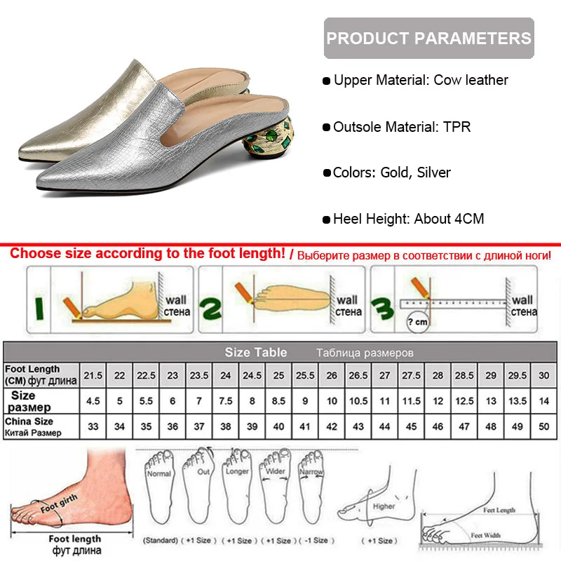 Phoentin Gold woman slippers pointy toe genuine leather ladies slippers summer 2022 crystal middle heels mules shoes FT1002